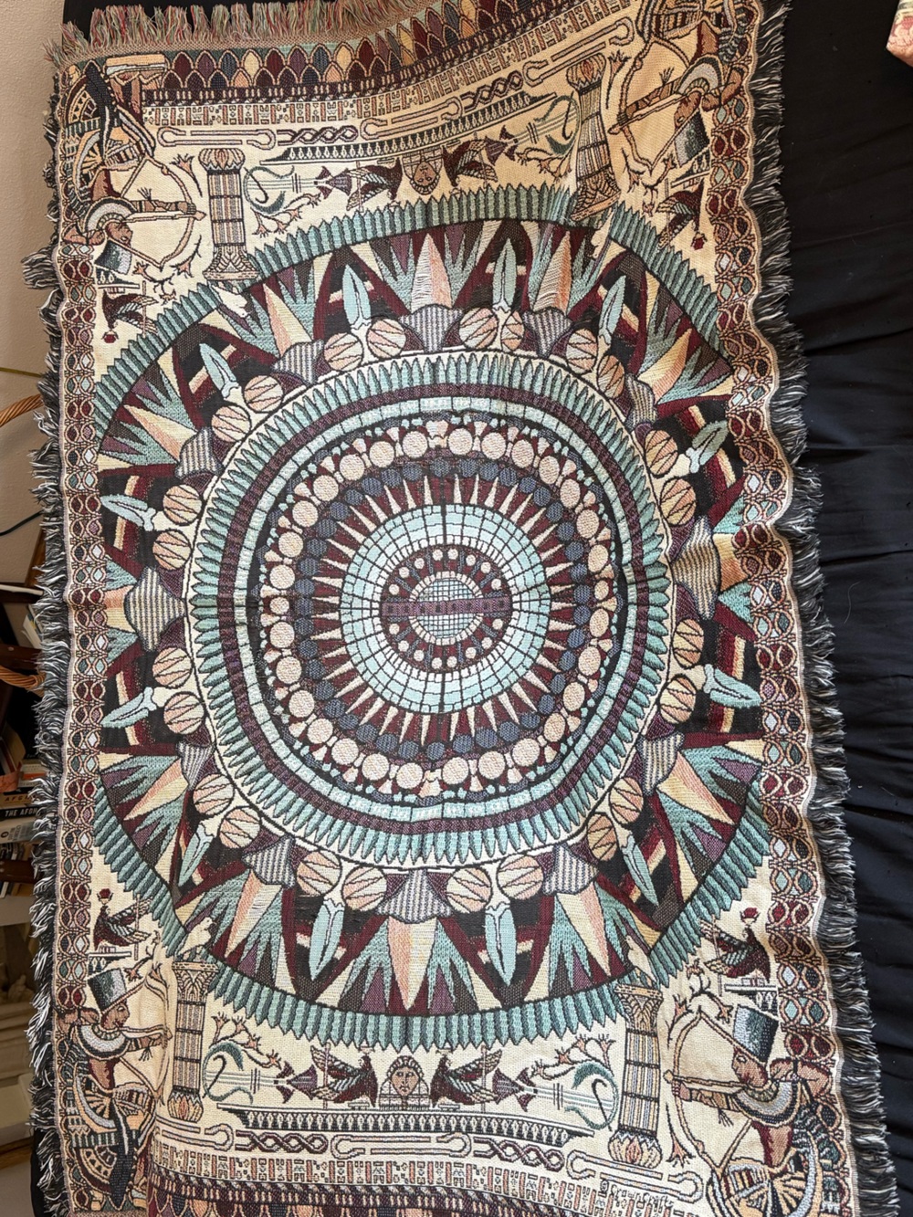 Egyptian theme Turquoise Brown lap Tapestry - crown crafts woven blanket